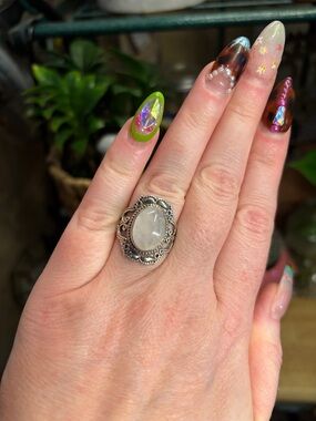 Ornate Sterling Moonstone Ring in White - Vintage Inspired